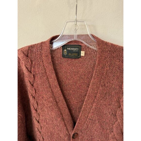 Vintage Wickbury Cardigan Sweater Mens Large L Burgundy Shetland Wool Made USA - Picture 2 of 5